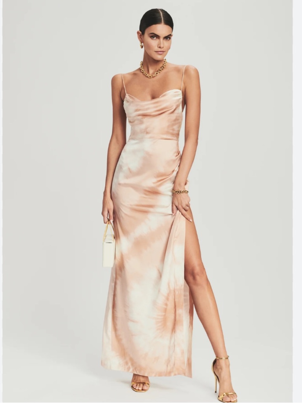 Retrofete Dress Marlene Slip Silk Maxi Cowl Neck in Neutral Tie Dye